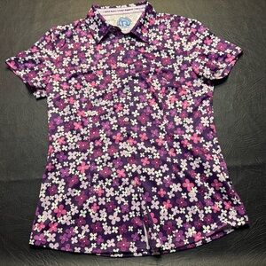 Retro Image Cycling Shirt Floral Purple Button Up | Golf Tennis Pickleball Top M